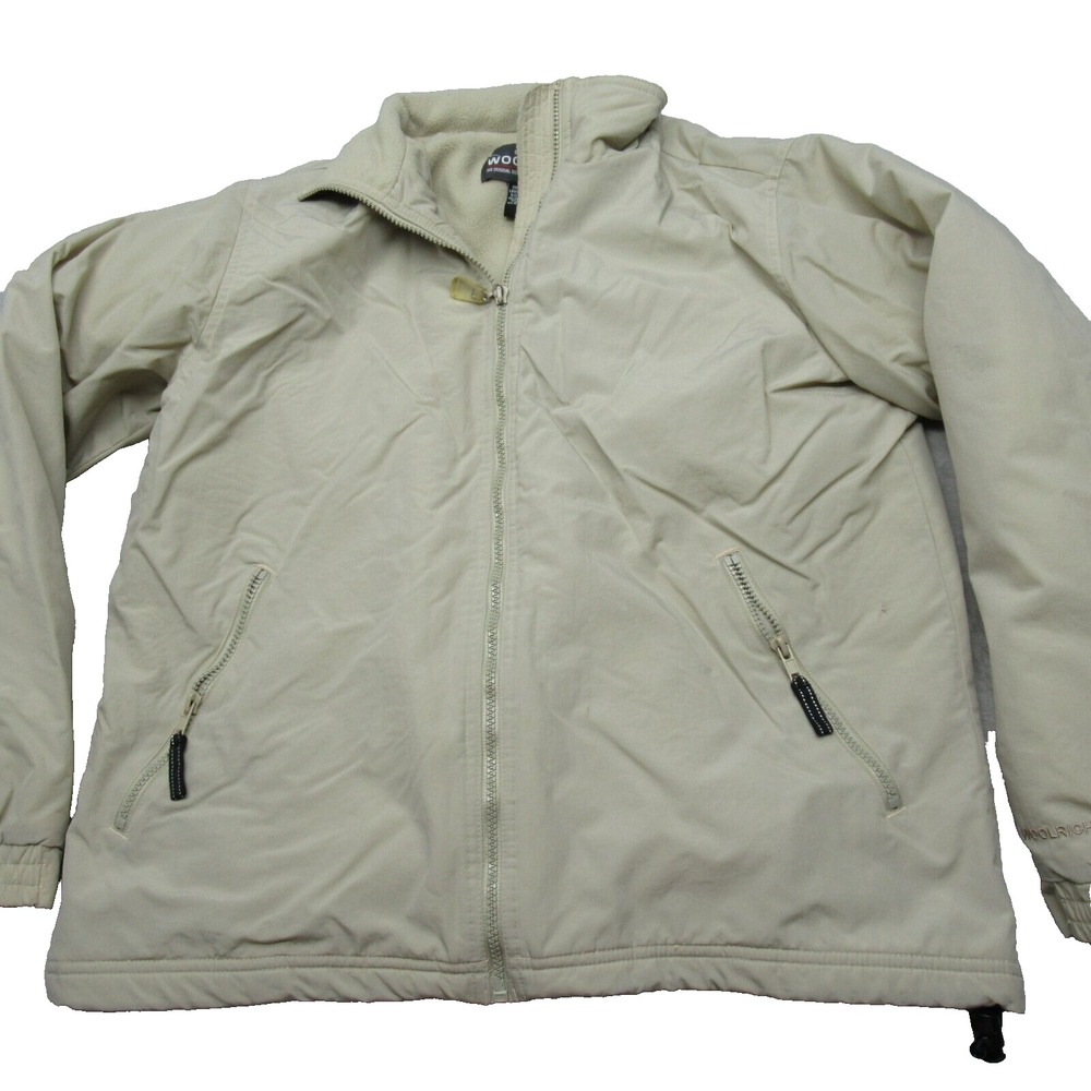 Vintage Woolrich Jacket Men Medium Beige Drawcord Fleece Lined Full Zip Wind